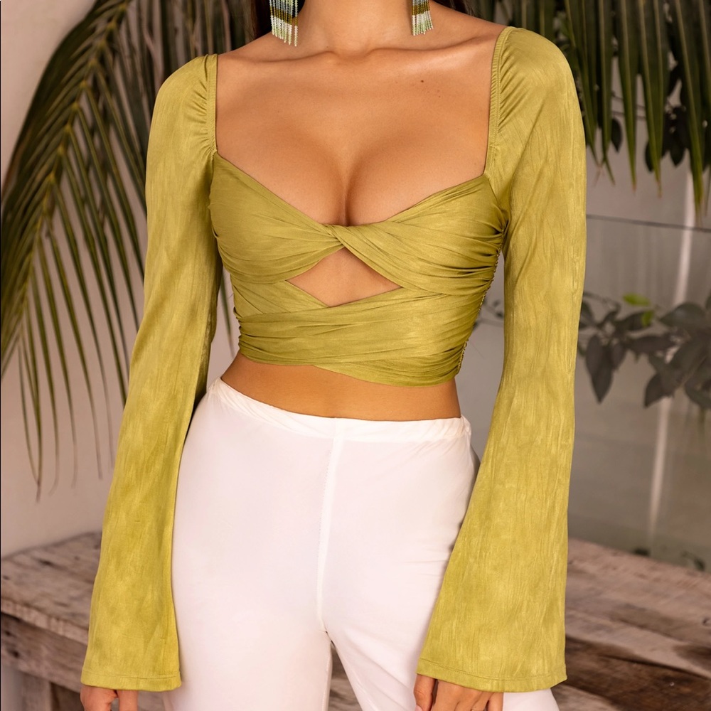 Oh Polly Wrap Me Up Flared Sleeve Crop Top in Olive